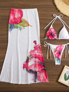 Costume da bagno 3 pezzi con stampa floreale grande con gonna lunga in rete Costume da bagno bikini micro perizoma da donna 2025 Costume da bagno estivo da spiaggia Biquini