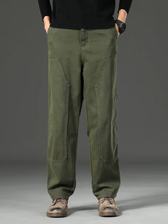 High Quality Spring New Style Straight Loose Men's Casual Pants Rivet Splicing Safari Style Cotton Trousers Army Green Jeans