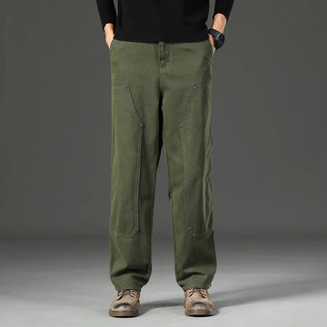 High Quality Spring New Style Straight Loose Men's Casual Pants Rivet Splicing Safari Style Cotton Trousers Army Green Jeans