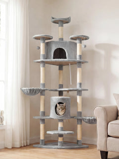 PawHut Albero Tiragraffi per Gatti Alto 200cm con Pali in Sisal, Casette e Amache in Legno Truciolare e Peluche, 60x60x200cm, Grigio Chiaro