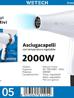 WETECH 2000W Professional Negative Ionic Hair Dryer Adjustable Temperature Speed Blow Dryer With Concentrator Nozzle Home Salon Hair Styling Tool 100-240V Dual Voltage