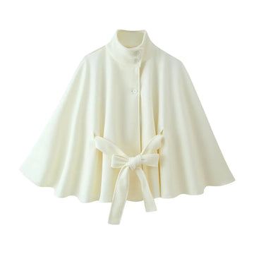 Women's Elegant Midi Cape Coat with Stand Collar Three Quarter Flared Sleeves Solid Color Belted Loose Fit Poncho For Woman