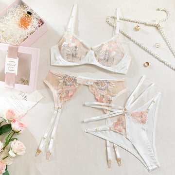 Krasapt Luxury Floral Embroidery Lingerie 2Pcs Sets Sensual Mesh See Through Bra And Panty Garter Erotic Suits Delicate Bilizna