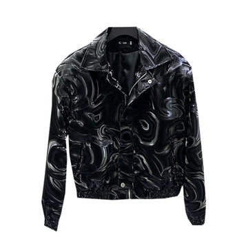 Mauroicardi Spring Autumn Cool Short Black Shiny Geometric Faux Leather Jacket Men Zipper Stylish Luxury Designer Clothes
