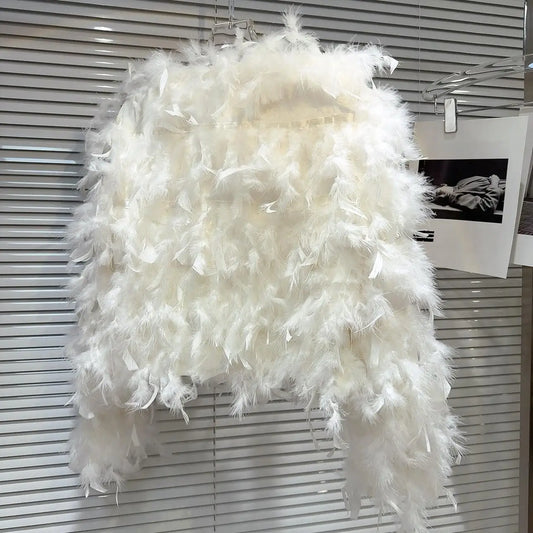 2025 New Autumn Winter Long Sleeve Jacket Elegant Tassel Feather Short Outerwear Round Neck Fashion Temperament Fairy Coats