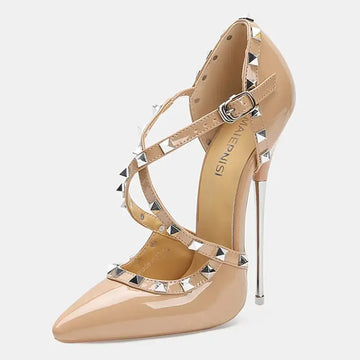 Sandali con tacco alto da donna con cinturino incrociato con rivetti Scarpe singole sexy con punta a punta per discoteca Modello di ospite di festa Passerella Cross Dressing platinumshop