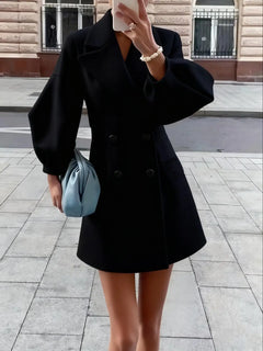 2026 Retro European Style Lantern Sleeve Notch Collar Woolen Coat Short Length Vintage Court Fashion Women's Outerwear