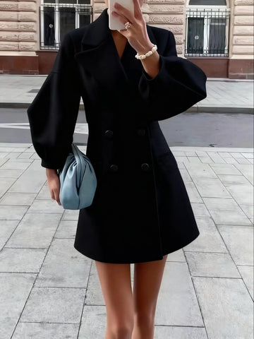 2026 Retro European Style Lantern Sleeve Notch Collar Woolen Coat Short Length Vintage Court Fashion Women's Outerwear