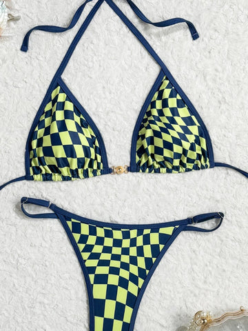 Costume da bagno sexy 2026 Nuovo micro bikini donna costumi da bagno scozzesi anello dorato gamba alta costume da bagno a due pezzi con spalline costumi da bagno Biquini