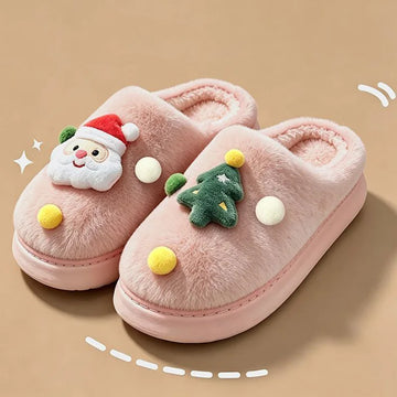 Christmas Plush Home Slippers Women Cute Cartoon Soft Sole Platform Cotton Slippers Couples Non Slip Warm Indoor Fur Slides