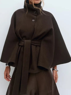 Stand Collar Lace Up blend fiber Coat Women's Fashion Long Batwing Sleeve Solid Single Breasted Cape Coat Autumn Winter Outfits