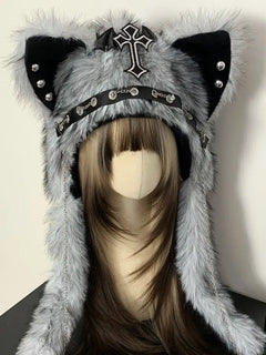 Dark Series Gothic Plush Hat Y2K Cross Metal Style Headwear Cosplay Cat Ear Hat Halloween Punk Rock Warm Cap for Women Men Child