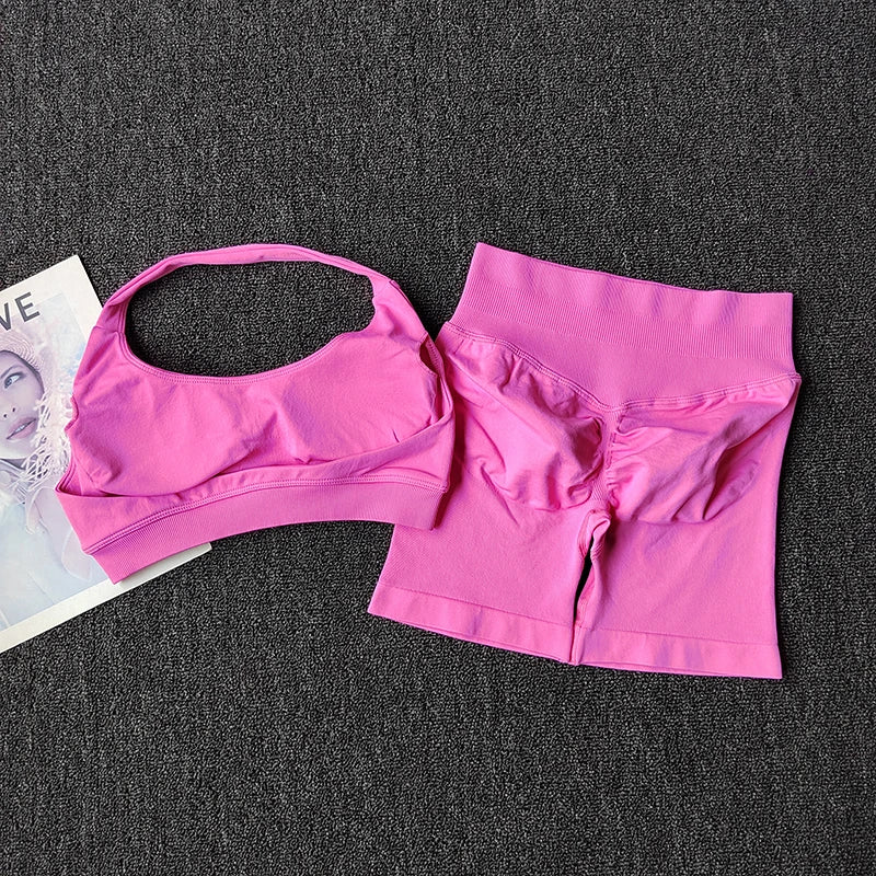 2PCs Peach High Waist Belly Hip Lifting Sports Bras Shorts Suit Gathering Shock-proof Neck Halter Yoga Suit Running Fitness Set