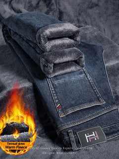 High Quality Winter Warm Fleece Men's Jeans Solid Color Thicked Denim Pants Work Stretch Outdoors Classic Trousers Plus Size 40