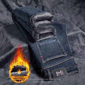 High Quality Winter Warm Fleece Men's Jeans Solid Color Thicked Denim Pants Work Stretch Outdoors Classic Trousers Plus Size 40