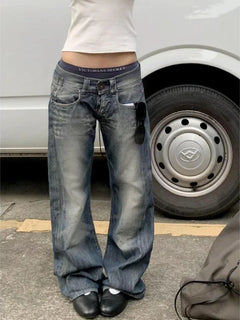 Jeans Vintage Blu Deeptown Y2k da Donna, Stile Giapponese Harajuku a Vita Bassa, Pantaloni in Denim Baggy Stile Anni 2000, Streetwear Americano Autunnale