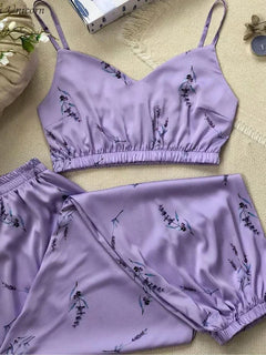 Pigiama in raso di seta sintetica Set da donna con cinturino superiore pantaloni da notte con stampa floreale pigiama autunnale abbigliamento da casa indumenti da notte abito da notte S-XXL