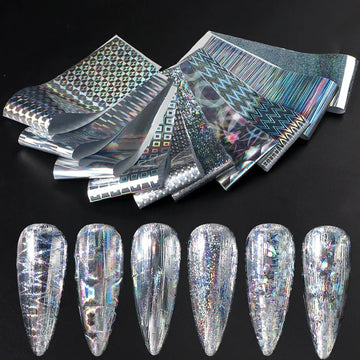 10pcs Holographic Chrome Silver Nail Art Foil Transfer Stickers Irridescent Rainbow Geometric Aurora Laser Nail Foils Decoration 2028