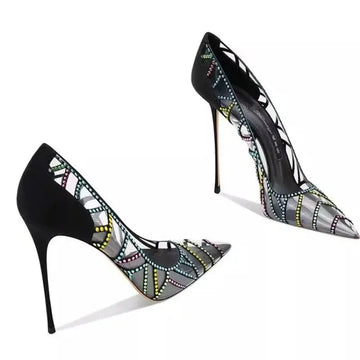 Scarpe da Donna Nere con Tacco a Spillo a Punta, Nuove 2026, con Strass Multicolore Trasparenti, Design di Nicchia platinumshop