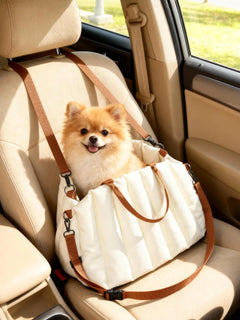 PawHut Seggiolino Auto per Cani Piccoli con Guinzaglio di Sicurezza e Base Antiscivolo, Trasportino Convertibile in Borsa per Animali Domestici, Crema
