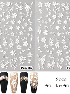 2pcs White Flower 3D Nail Art Stickers Sakura Blooming Florals Leaf Self-Adhesive Nail Decorations Sliders for DIY Manicure
