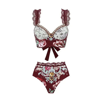 Costume da bagno vintage da donna sexy, bikini o intero, con stampa peonia, scollo a V, push-up, modellante, per la spiaggia platinumshop