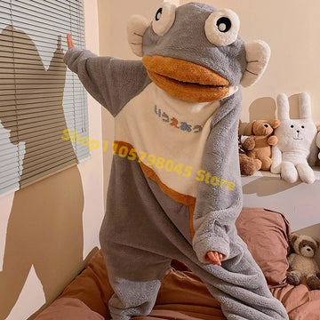 Cartoon Animal One‑Piece Pajamas Soft Coral Fleece Plush Jumpsuit Warm Loungewear For Home Sleepwear Theme Party Costume