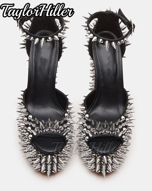 Punk Silver Rivets Platform Heeled Sandals Block Heel Women Gothic Rock Buckle Strap High Heels Designer Luxury Hot Girls Shoes