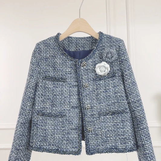 Women Fragrance Blue Tweed Short Jacket O Neck 3D Flower Multi-pocket Fashion High-quality Office Lady Autumn Winter Jacket