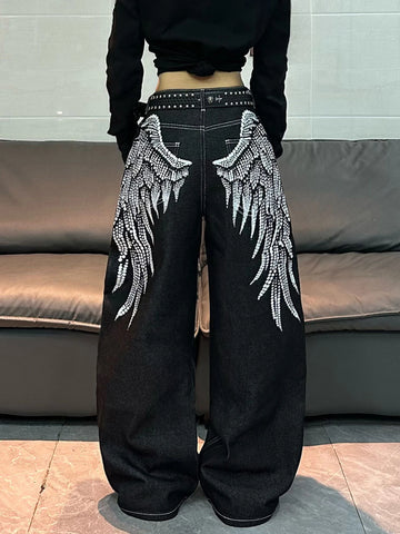1 paio di jeans larghi con stampa Wing in stile retrò americano, pantaloni neri a gamba larga alla m