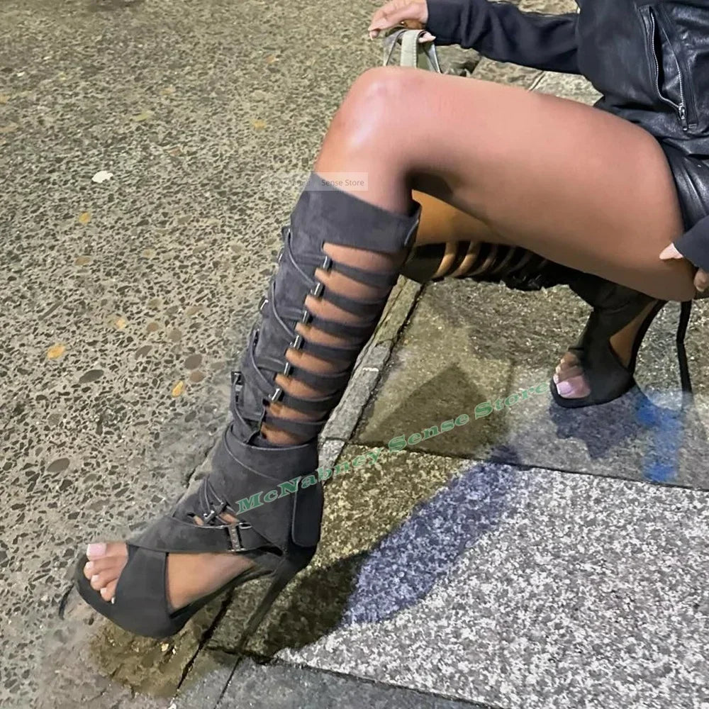 Straps Hollow Knee High Sandals Open Toe Stiletto Heels Buckles Sexy Style Sandals Women Shoes Solid Stiletto Heels Summer Shoes