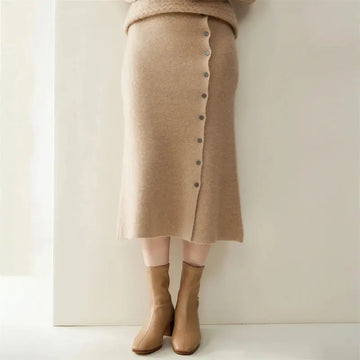 Women 100% Cashmere Skirts Office Lady Autumn Winter Knitted High Waist A-Skirt Graceful Long Warm front-open skirt with buttons PlatiNum