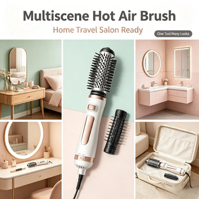 3 In 1 Rotating Hot Air Brush 800W Adjustable Temperature Interchangeable Brush Head Hair Dryer Volumizer Curling Straightening Styling Tool For Home Salon