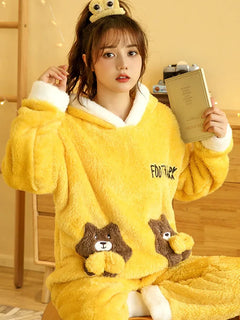 2024 New Plush Pajamas Set for Women Thick Hooded Women 2 Piece Clothes Set Cute Rabbit Women Pyjamas Coral Fleece Warm Homewear