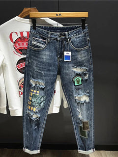 2023 Spring and Autumn New Men's Fashion Trend Ripped Patch Small Foot Pants Men's Casual Slim Comfo