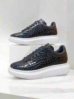 Black Platform Sneakers Men's Cow Leather Round Toe Unisex Low-Top Stone Pattern Lace-up Casual Shoes Retro Flat Shoes Handmade