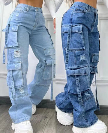 Jeans multitasche a vita alta da donna 2025 Nuovi pantaloni cargo versatili di grandi dimensioni in tinta unita alla moda