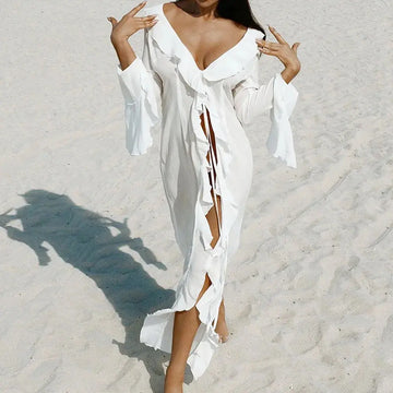 Copricostume estivo da spiaggia con scollo a V, bikini ampio con volant, protezione solare, grembiule, costume da bagno, manica lunga, copricostume per donna platinumshop