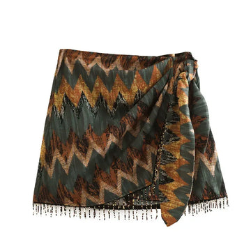 Gonna mini pareo annodata con stampa geometrica vintage da donna Faldas Mujer Abiti con cerniera casual con nappa con perline femminili