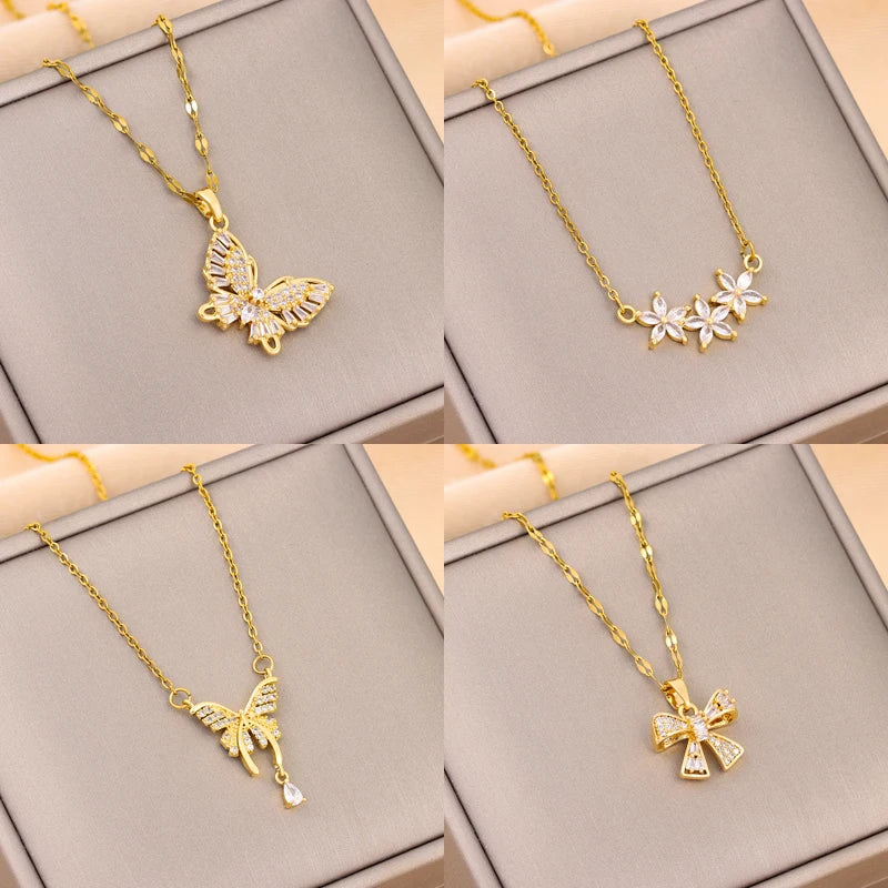 Nuova collana con ciondolo in cristallo di zircone alla moda per le donne Commercio all'ingrosso di gioielli con catena clavicola in acciaio inossidabile color oro dolce femminile