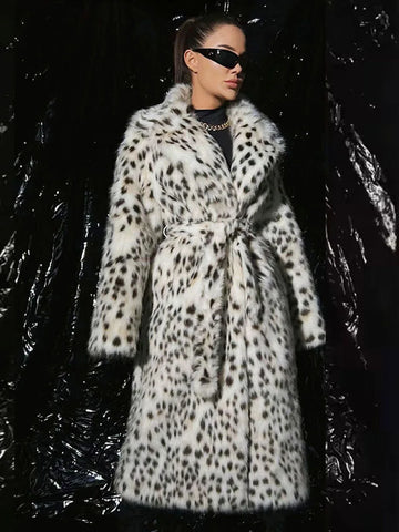 ZADORIN Luxury Belted Long Leopard Faux Fur Coat Woman Y2k Clothes Fashion Lapel Thick Warm Fluffy Jacket Fur Coats Outerwears