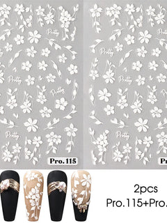 2pcs White Flower 3D Nail Art Stickers Sakura Blooming Florals Leaf Self-Adhesive Nail Decorations Sliders for DIY Manicure