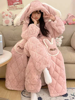 Women Winter Thickened Fleece Bathrobe Can Be Worn Outside Girls Student Hoodie Loose Pajama Two-piece Set Lady Warm Loungewear