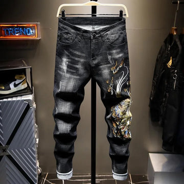 2024 Spring and Autumn New Fashion Trend Embroidered Stretch Jeans Men's Casual Slim Comfortable Breathable High-Quality Pants