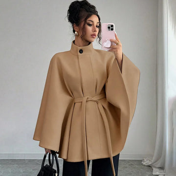 Women's Belted Wool Cape Coat High Neck Stand Collar Batwing Sleeve Loose Fit Winter Warm Poncho Outerwear 2026