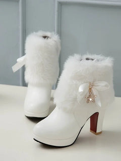 Snow Boots Womens Winter Warm Plush Fashion High Heels Pink White Black Fur Bowt Dress Party Wedding Platform Boots 526-1