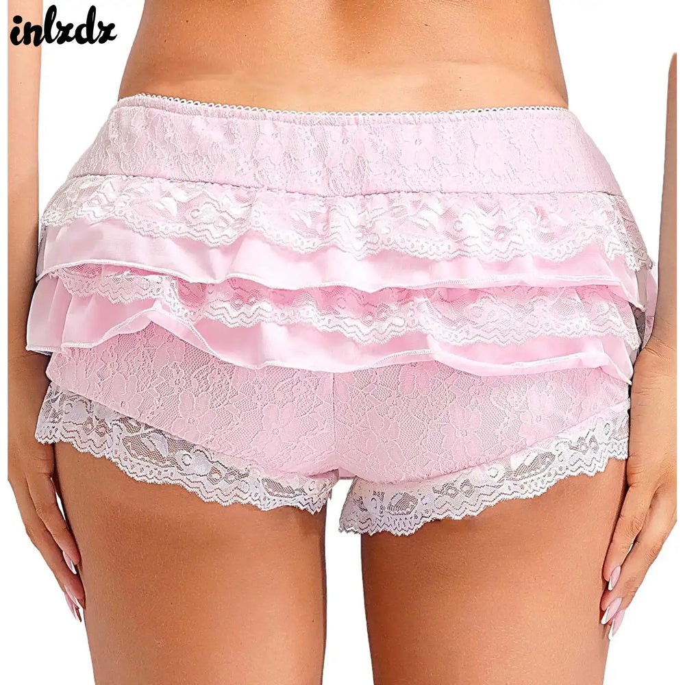 Women Cute Lolita Pumpkin Bloomers Y2K Sweet Layers Lace Ruffle Shorts Minipants Low Waist Tiered Hot Pants Frilly Pettipants