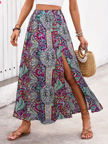 Gonna Lunga Vintage Bohemien con Stampa Etnica da Donna, Gonna Estiva Casual a Vita Alta 2026, Elegante Gonna Boho a Trapezio con Spacco e Pieghe