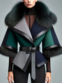 Elegant Women Winter Wool Coat Faux Fur Collar Color Block Patchwork Jacket Belt Waist Cinched 3/4 Sleeve Fashion Lady Outerwear