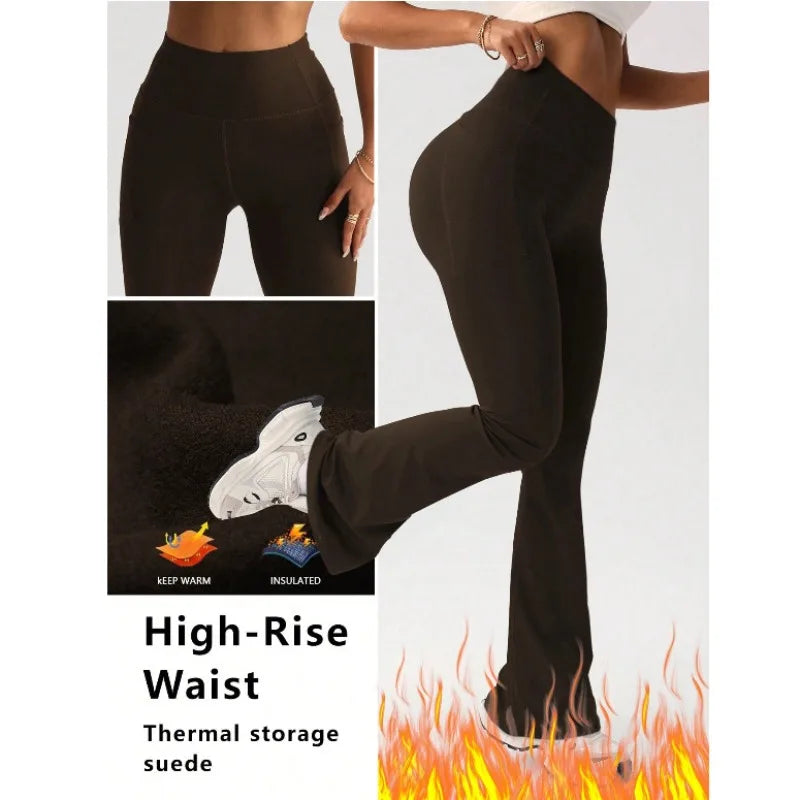 Women's Thermal Fleece Wide Leg Yoga Pants High Waisted Booty Lifting Outdoor Fitness Leggings High Stretch Lounge To Trail Wear